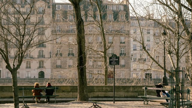 Place bordée d'arbres et de bancs où des personnes sont assises, devant des immeubles de pierre, illustrant un espace public ombragé et convivial.