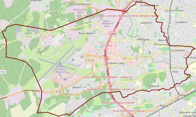 Carte de la commune de Mérignac avec ses limites, de l'aéroport au Chemin Long, à Beutre et à la Glacière.