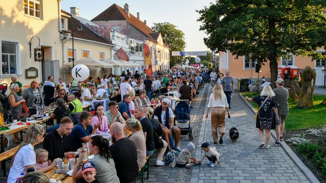 People gathered for an outdoor festival with long tables