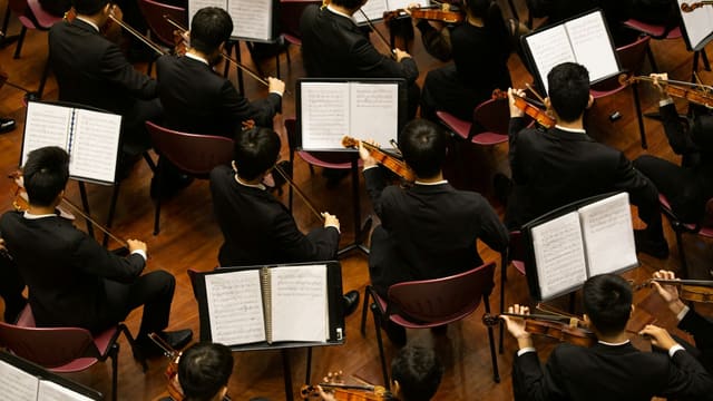 Pupitres de cordes vus de dessus lors d'un concert, partitions ouvertes sur les pupitres.